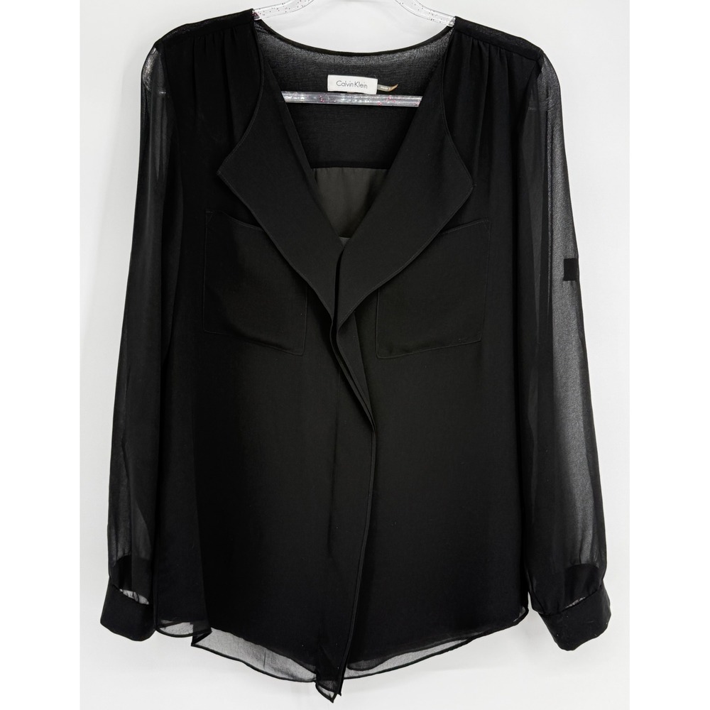 Calvin Klein Womens Black Draped Open Front Sheer Sleeve Blouse Sz (See Pics)